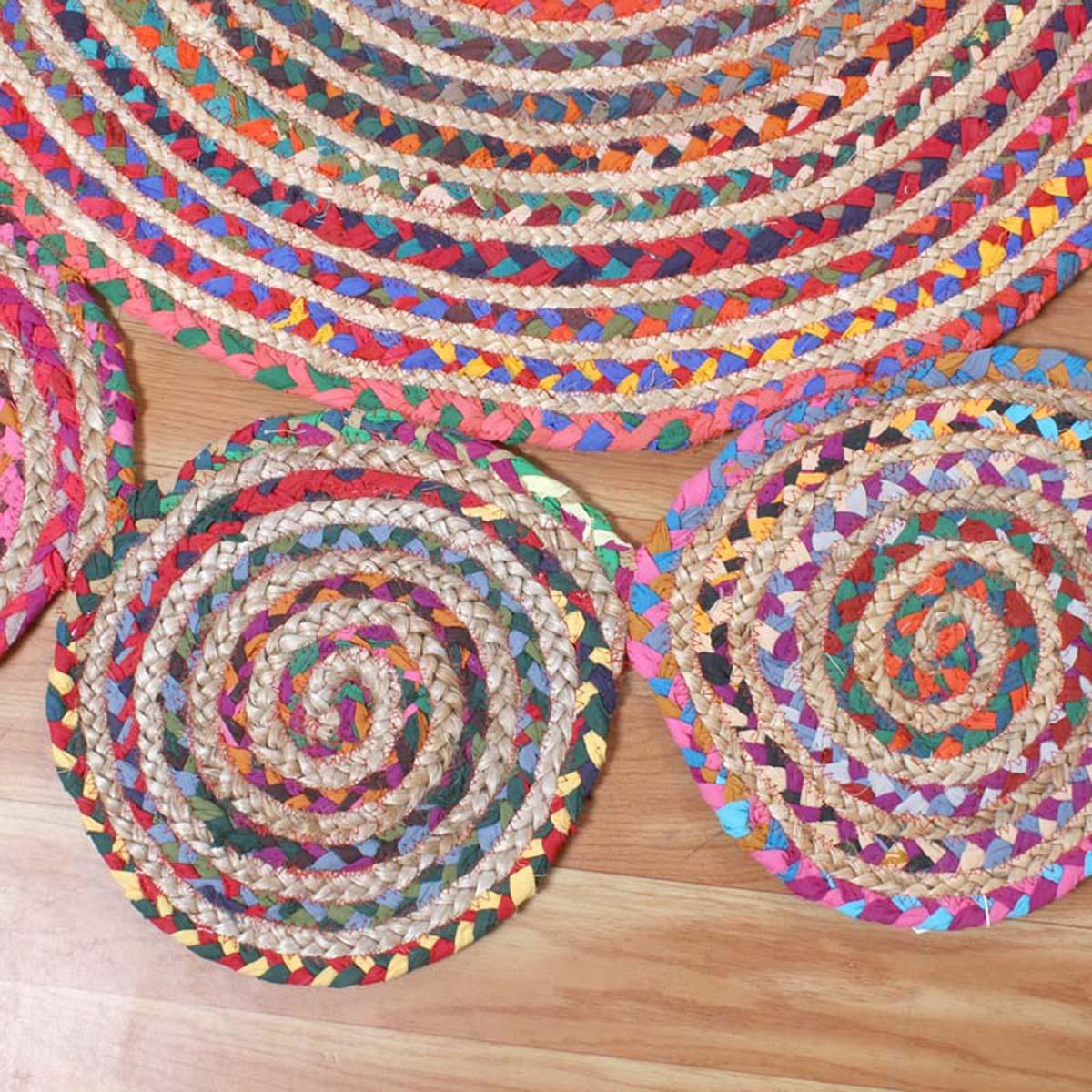 Multicolor Traditional Hand Braided Cotton Jute Living Room Round Area Rug - Indian Rug Store