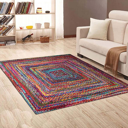 Multicolor Geomtrical Hand Braided Home Decor Cotton Jute Rug - Indian Rug Store