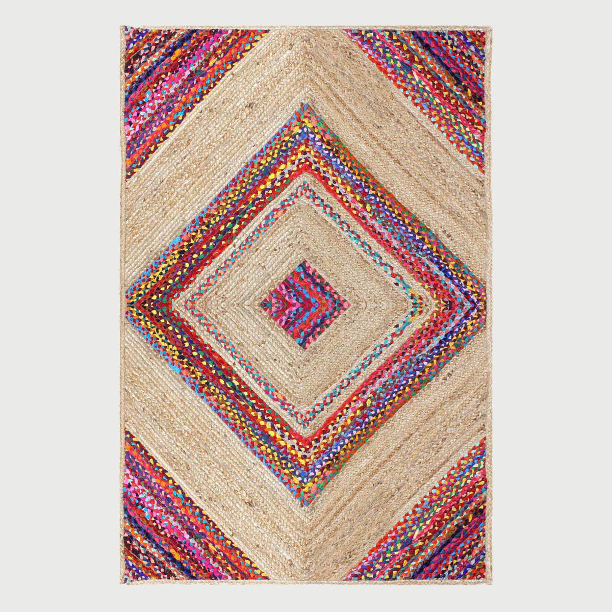 Multicolor Beige Geomtrical Hand Braided Farmhouse Cotton Jute Rug - Indian Rug Store