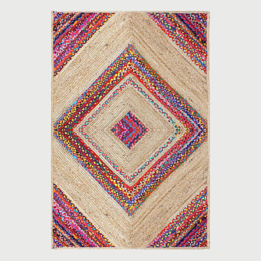 Multicolor Beige Geomtrical Hand Braided Farmhouse Cotton Jute Rug - Indian Rug Store