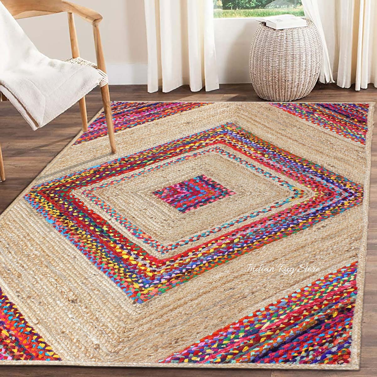 Multicolor Beige Geomtrical Hand Braided Farmhouse Cotton Jute Rug