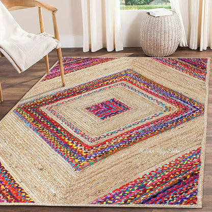 Multicolor Beige Geomtrical Hand Braided Farmhouse Cotton Jute Rug