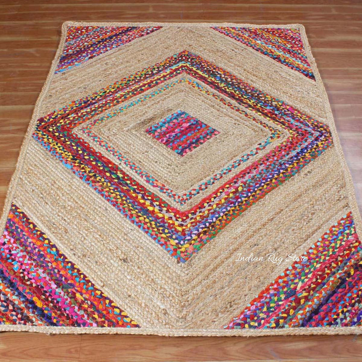 Multicolor Beige Geomtrical Hand Braided Farmhouse Cotton Jute Rug