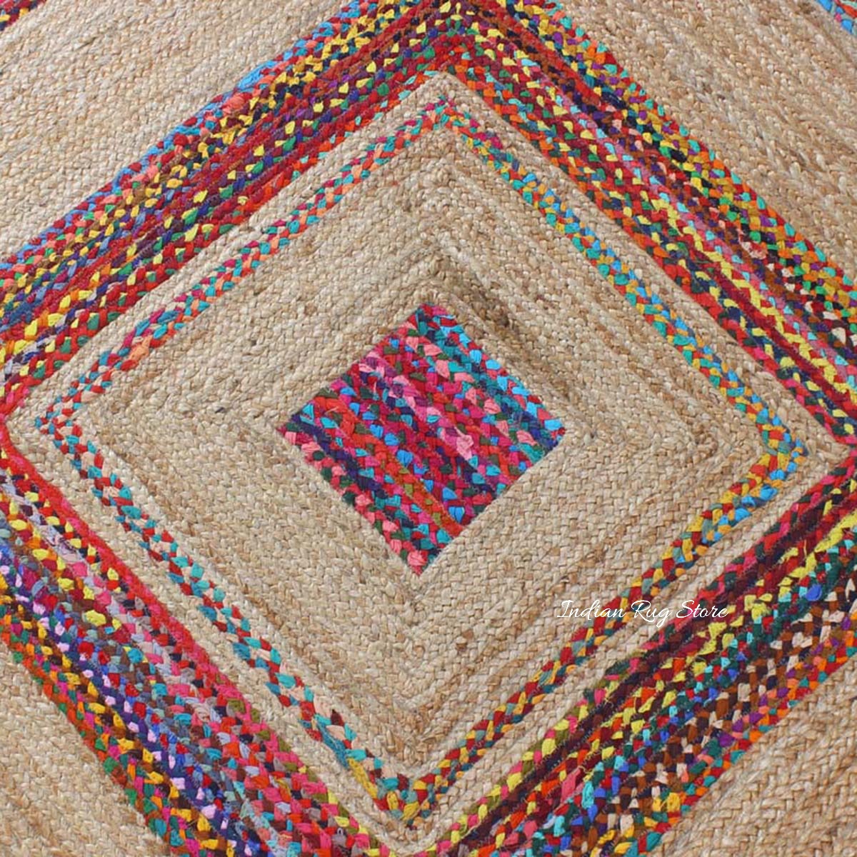 Multicolor Beige Geomtrical Hand Braided Farmhouse Cotton Jute Rug