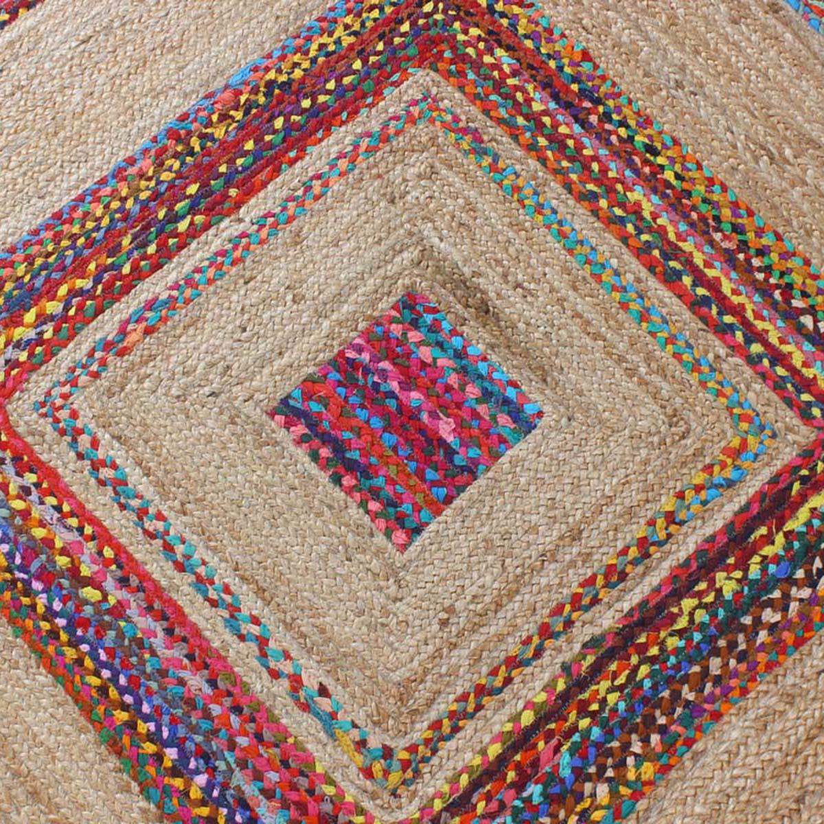 Multicolor Beige Geomtrical Hand Braided Farmhouse Cotton Jute Rug - Indian Rug Store