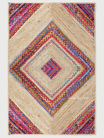 Multicolor Beige Geomtrical Hand Braided Farmhouse Cotton Jute Rug