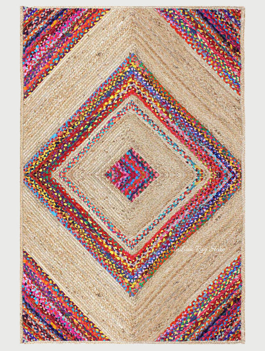 Multicolor Beige Geomtrical Hand Braided Farmhouse Cotton Jute Rug