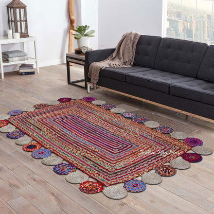 Multicolor Geomtrical Hand Braided Dining Area Cotton Jute Rug