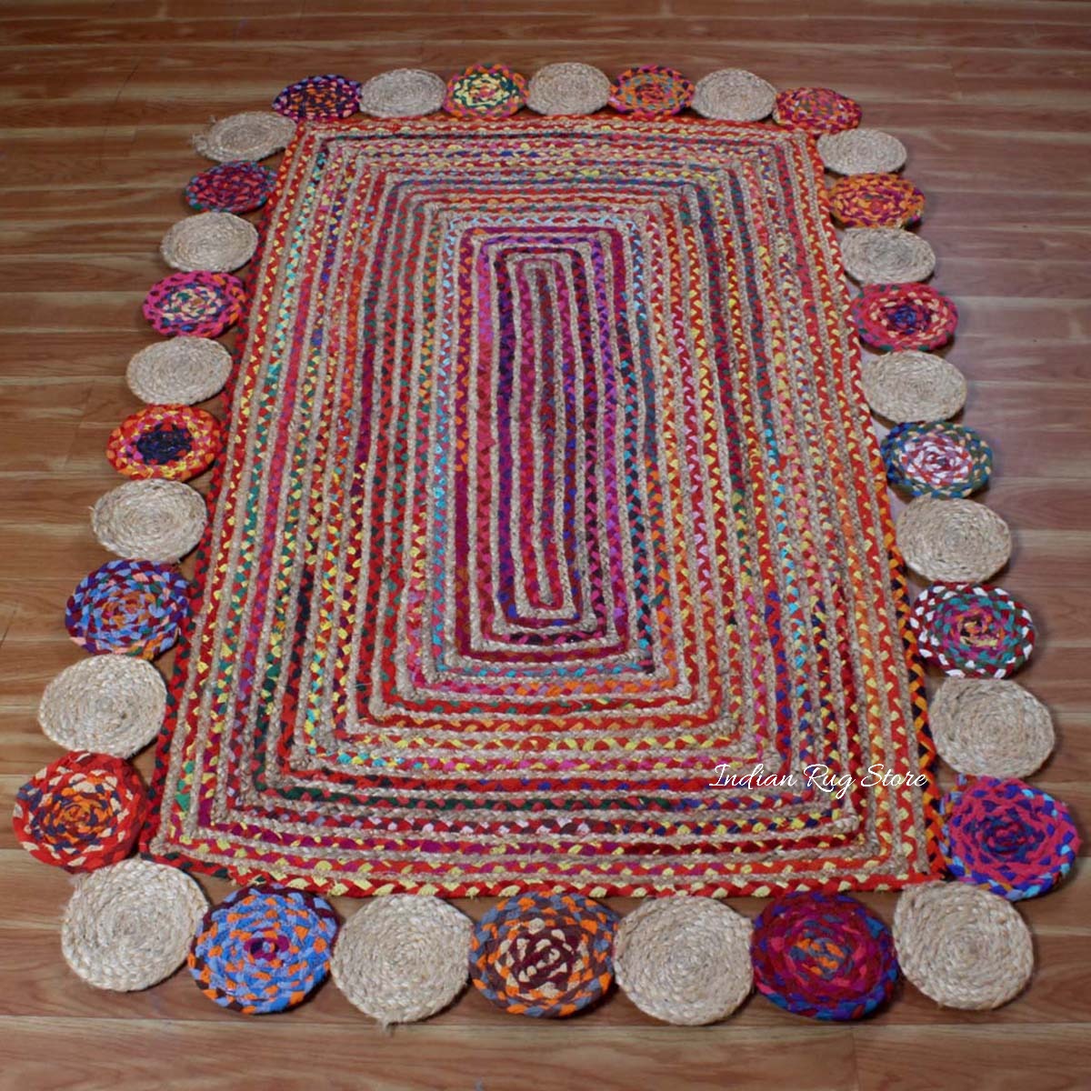 Multicolor Geomtrical Hand Braided Dining Area Cotton Jute Rug