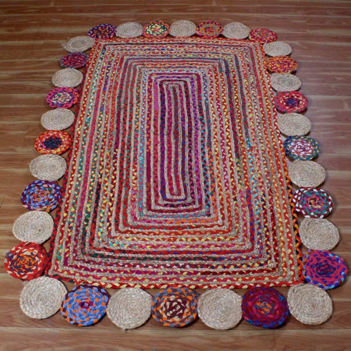 Multicolor Geomtrical Hand Braided Dining Area Cotton Jute Rug - Indian Rug Store