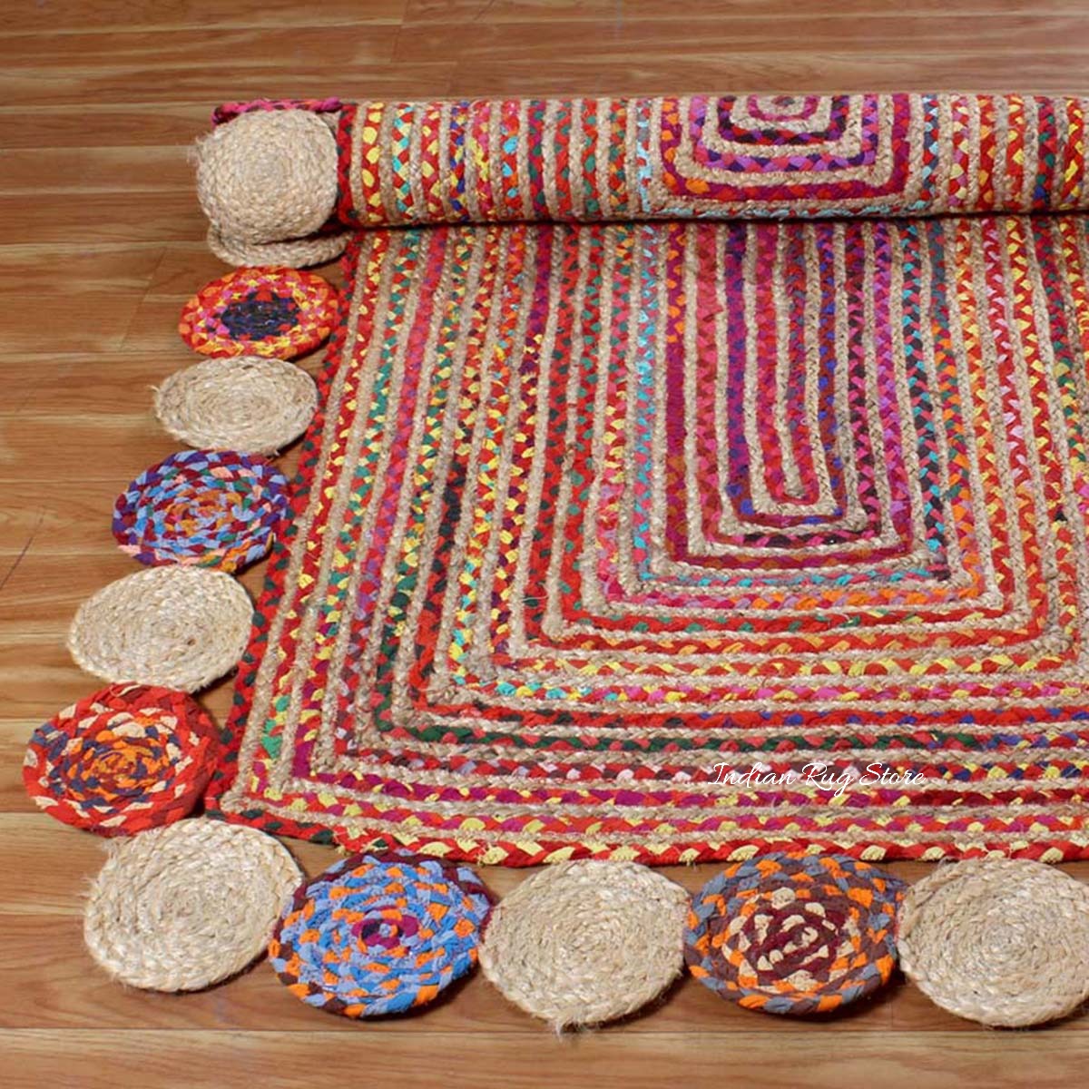 Multicolor Geomtrical Hand Braided Dining Area Cotton Jute Rug