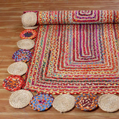 Multicolor Geomtrical Hand Braided Dining Area Cotton Jute Rug - Indian Rug Store