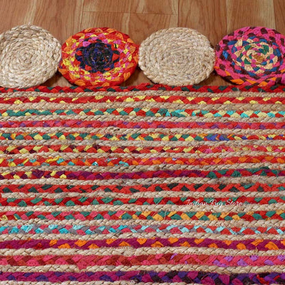 Multicolor Geomtrical Hand Braided Dining Area Cotton Jute Rug