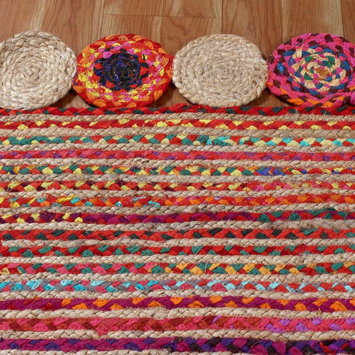 Multicolor Geomtrical Hand Braided Dining Area Cotton Jute Rug - Indian Rug Store