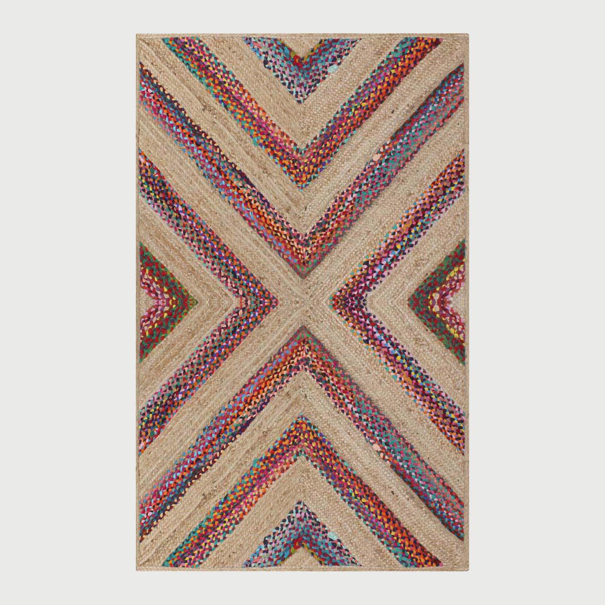 Multicolor Beige Geomtrical Hand Braided Hallway Cotton Jute Rug - Indian Rug Store