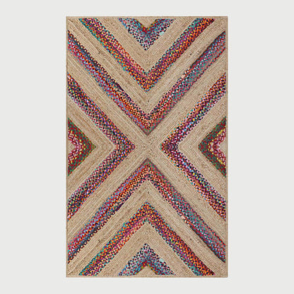 Multicolor Beige Geomtrical Hand Braided Hallway Cotton Jute Rug - Indian Rug Store