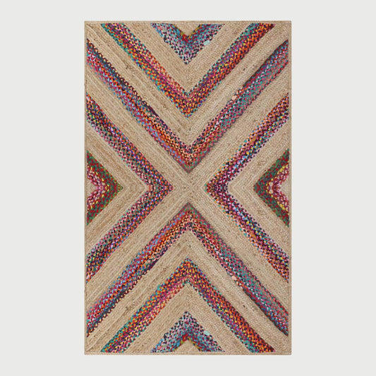 Multicolor Beige Geomtrical Hand Braided Hallway Cotton Jute Rug - Indian Rug Store