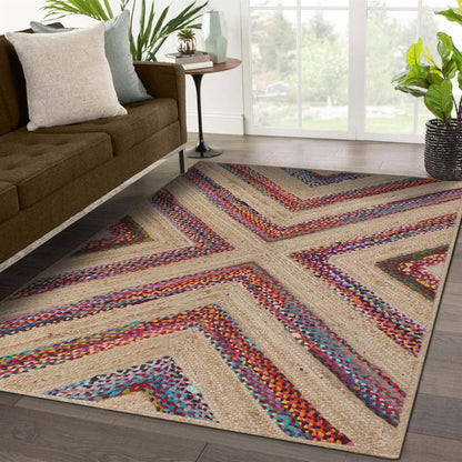 Multicolor Beige Geomtrical Hand Braided Hallway Cotton Jute Rug - Indian Rug Store