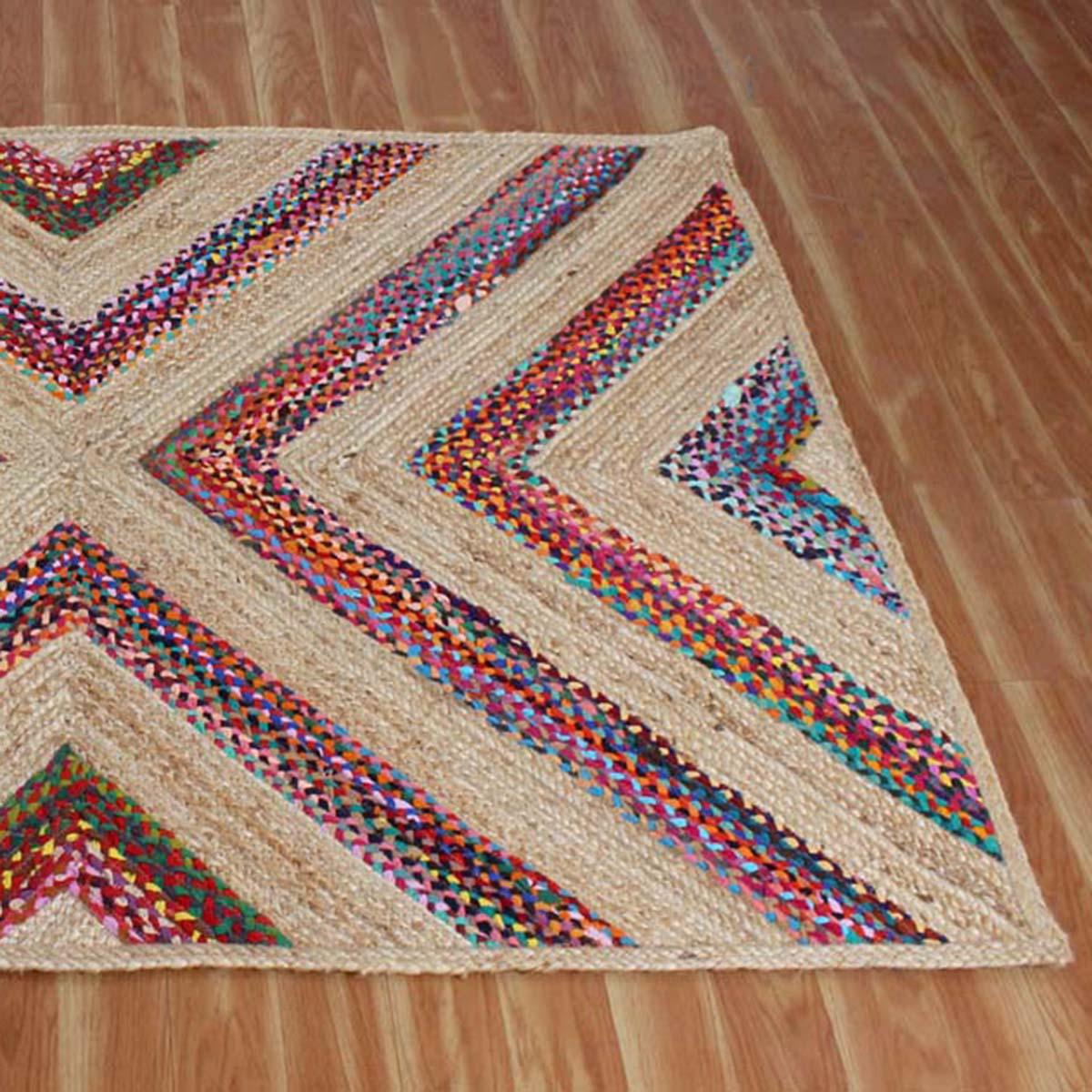 Multicolor Beige Geomtrical Hand Braided Hallway Cotton Jute Rug - Indian Rug Store