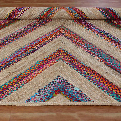 Multicolor Beige Geomtrical Hand Braided Hallway Cotton Jute Rug - Indian Rug Store