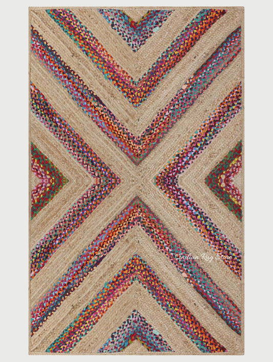 Multicolor Beige Geomtrical Hand Braided Hallway Cotton Jute Rug