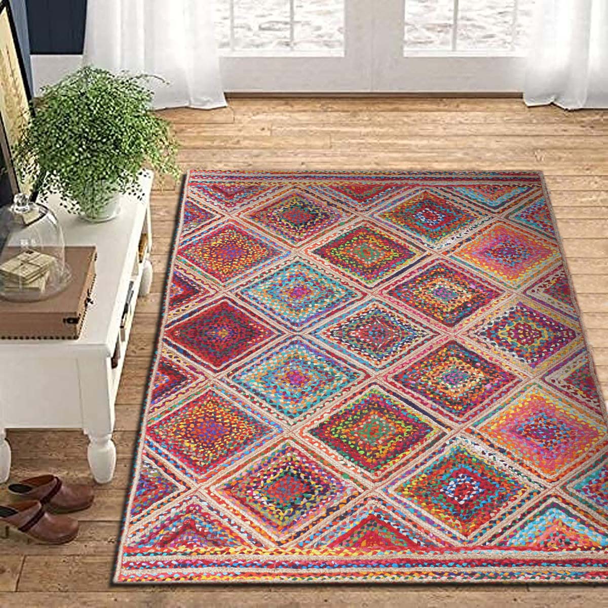 Geometric Hand Braided Multicolor Dining Room Decor Jute Rug - Indian Rug Store