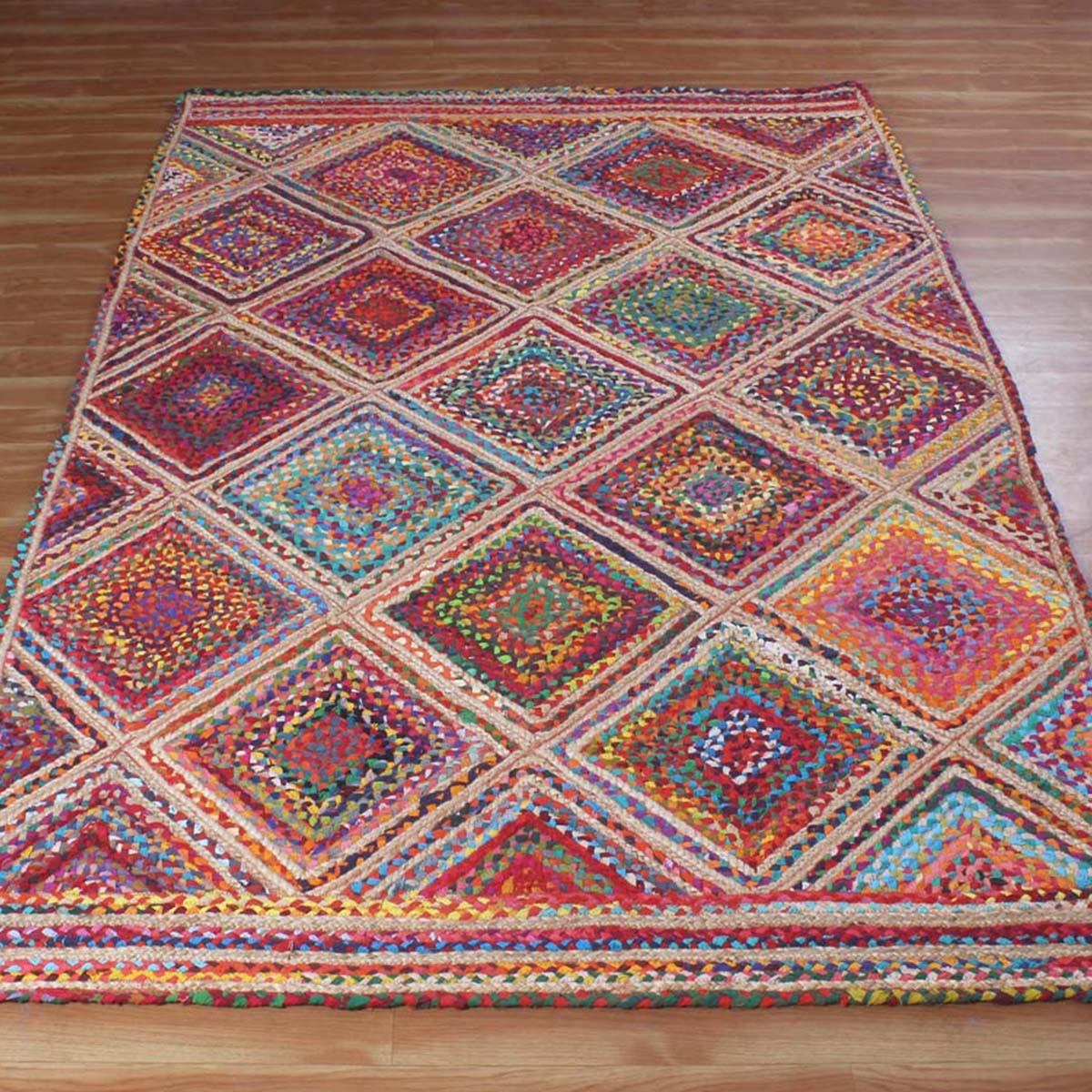 Geometric Hand Braided Multicolor Dining Room Decor Jute Rug - Indian Rug Store