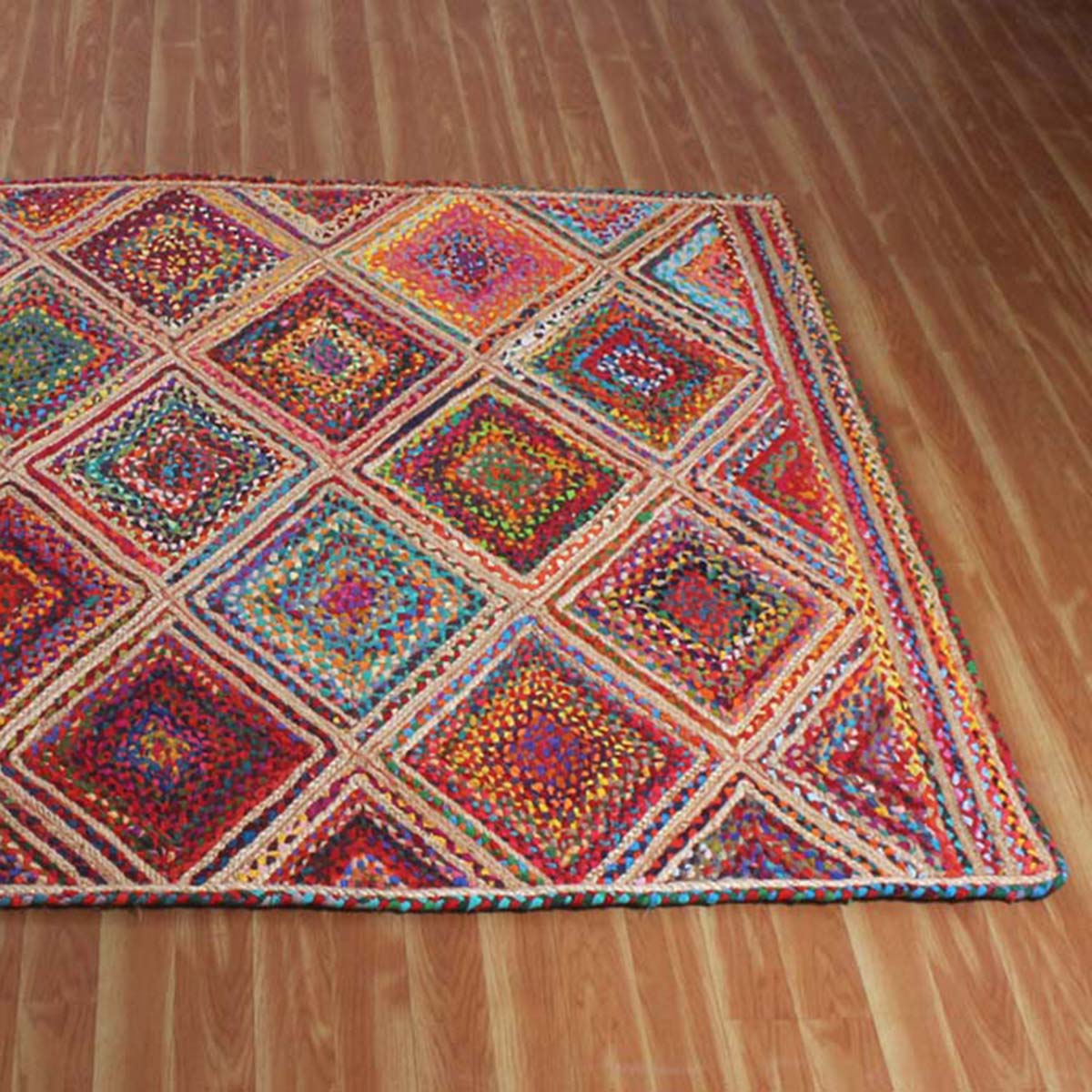 Geometric Hand Braided Multicolor Dining Room Decor Jute Rug - Indian Rug Store