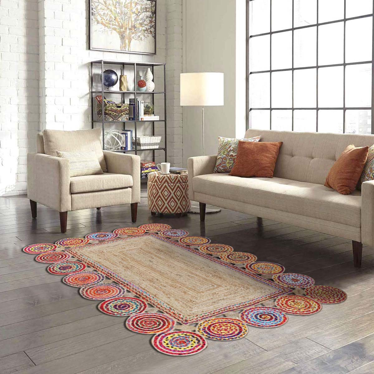 Beige Multicolor Hand Braided Entrance Decor Cotton Jute Rug - Indian Rug Store