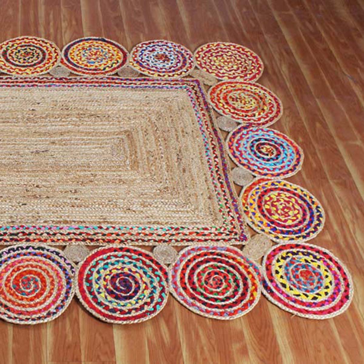 Beige Multicolor Hand Braided Entrance Decor Cotton Jute Rug - Indian Rug Store