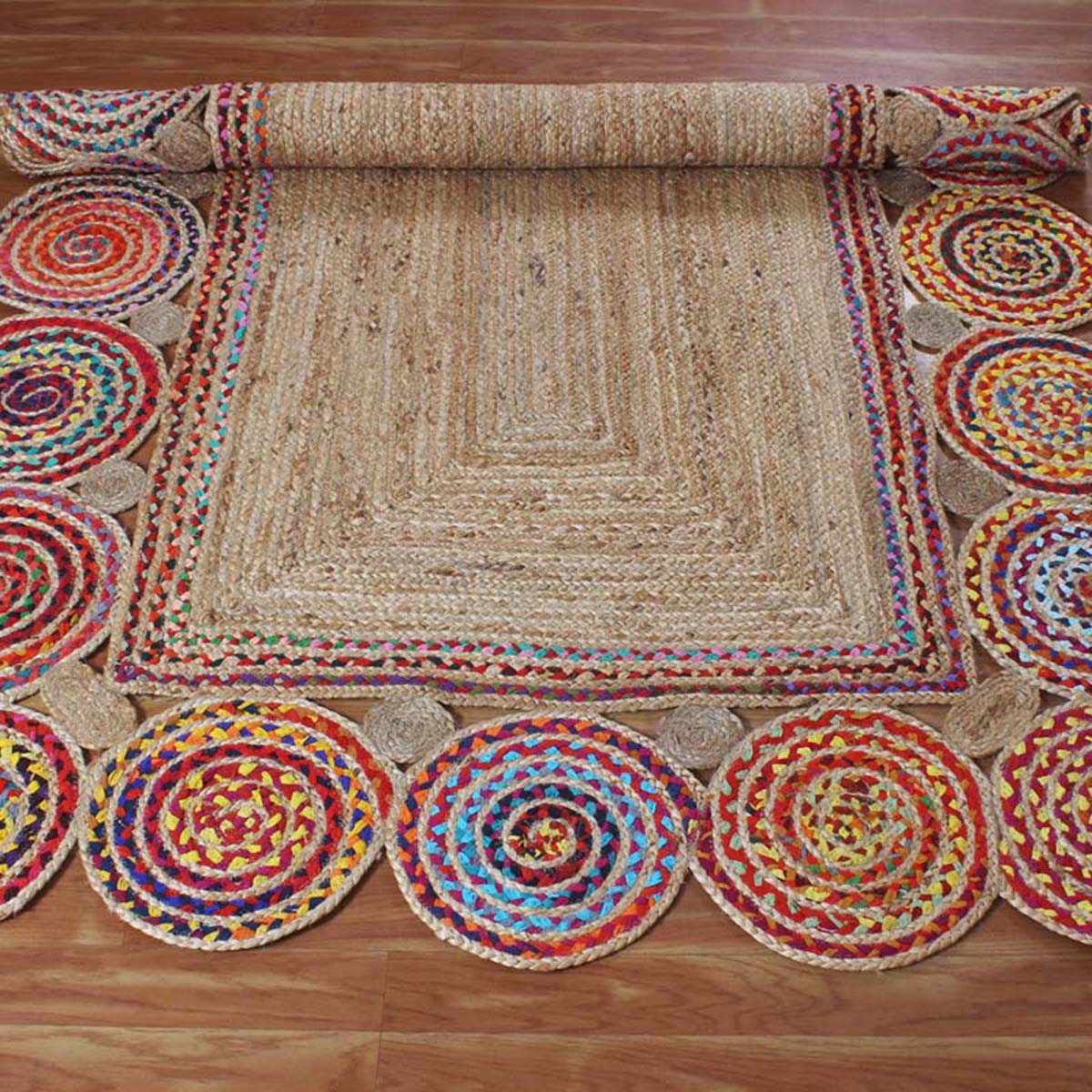 Beige Multicolor Hand Braided Entrance Decor Cotton Jute Rug - Indian Rug Store