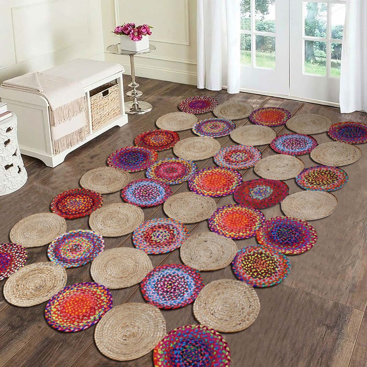 Multicolor Beige Hand Braided Out House Decor Cotton Jute Rug - Indian Rug Store