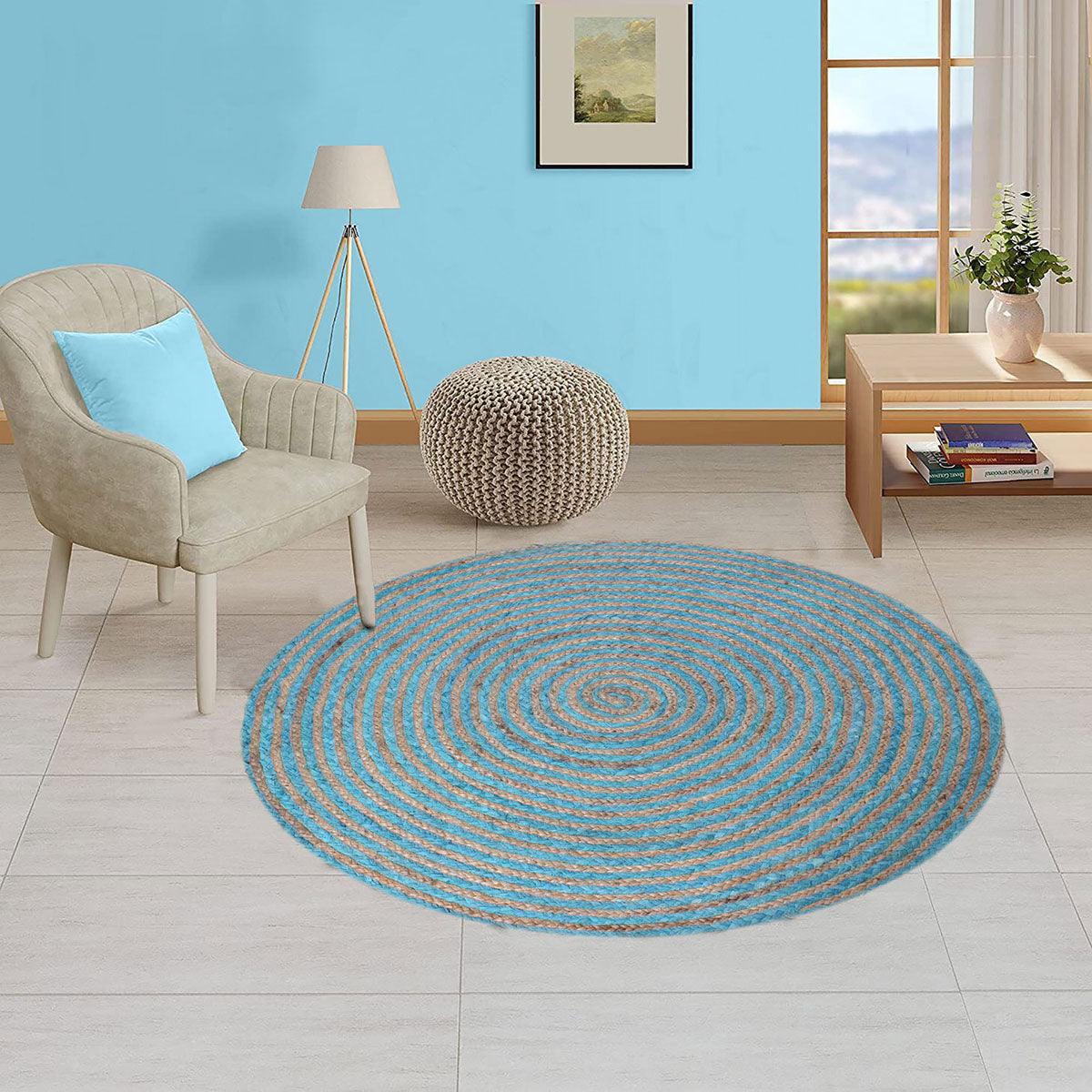 Classic Hand Braided Beige Blue Jute Entry Way Round Area Rug - Indian Rug Store