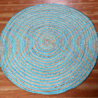 Classic Hand Braided Beige Blue Jute Entry Way Round Area Rug - Indian Rug Store