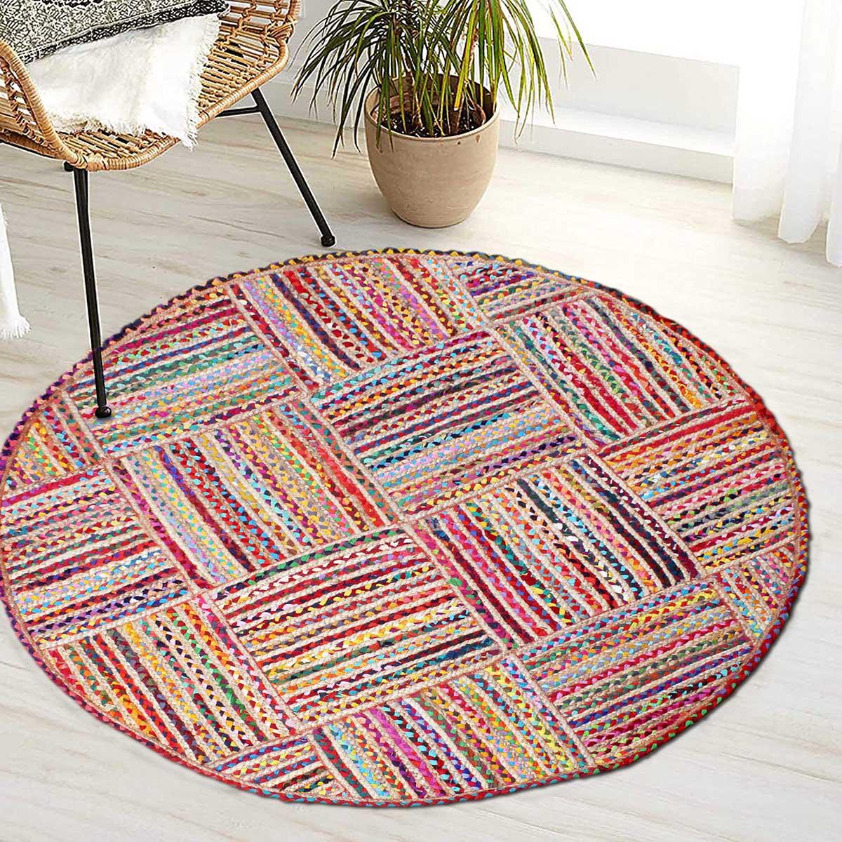 Trendy Hand Braided Multicolor Cotton Jute Lake House Round Area Rug - Indian Rug Store