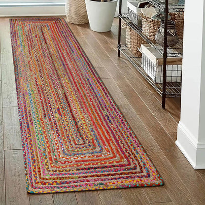 Geometric Multicolor Hand Braided Hall Way Decor Cotton Jute Rug - Indian Rug Store