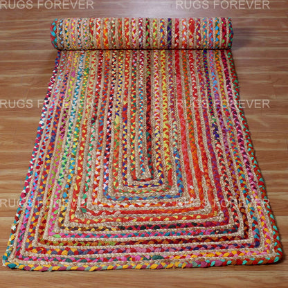 Geometric Multicolor Hand Braided Hall Way Decor Cotton Jute Rug - Indian Rug Store