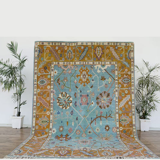 Hand Knotted Yellow Multicolor Dining Hall Large Area Rug - Indian Rug Store