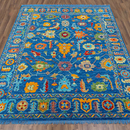 Natural Hand Knotted Turkish Blue Mulicolor Wool Rug