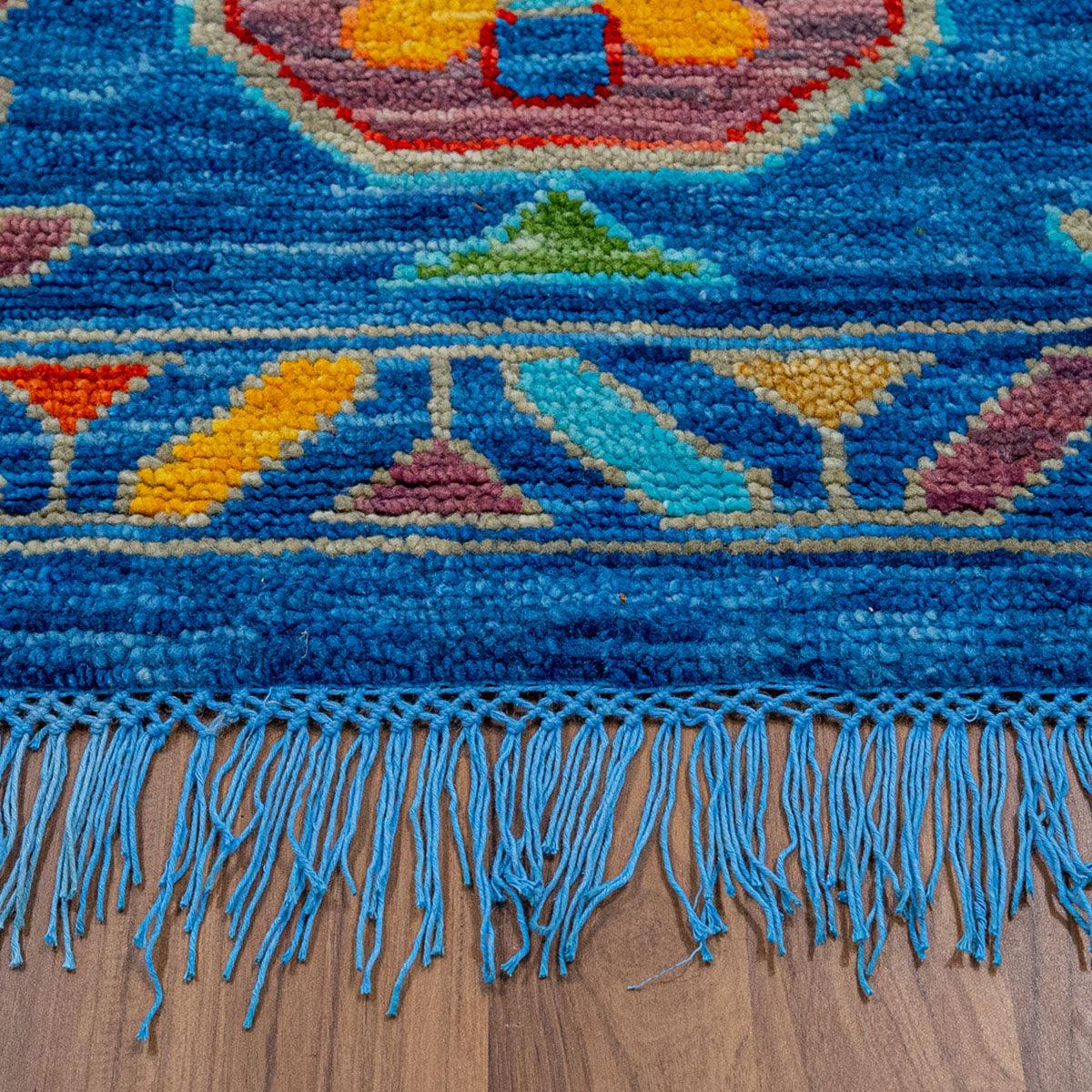 Natural Hand Knotted Turkish Blue Mulicolor Wool Rug