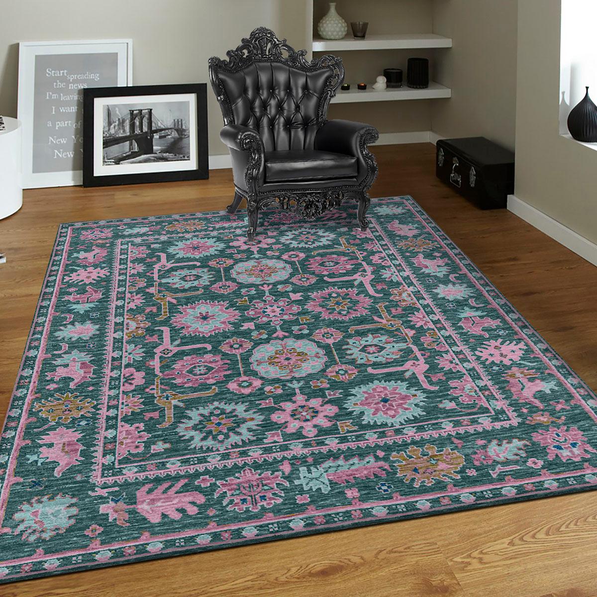 Handmade Turkish wool Green Front Porch Area Rug