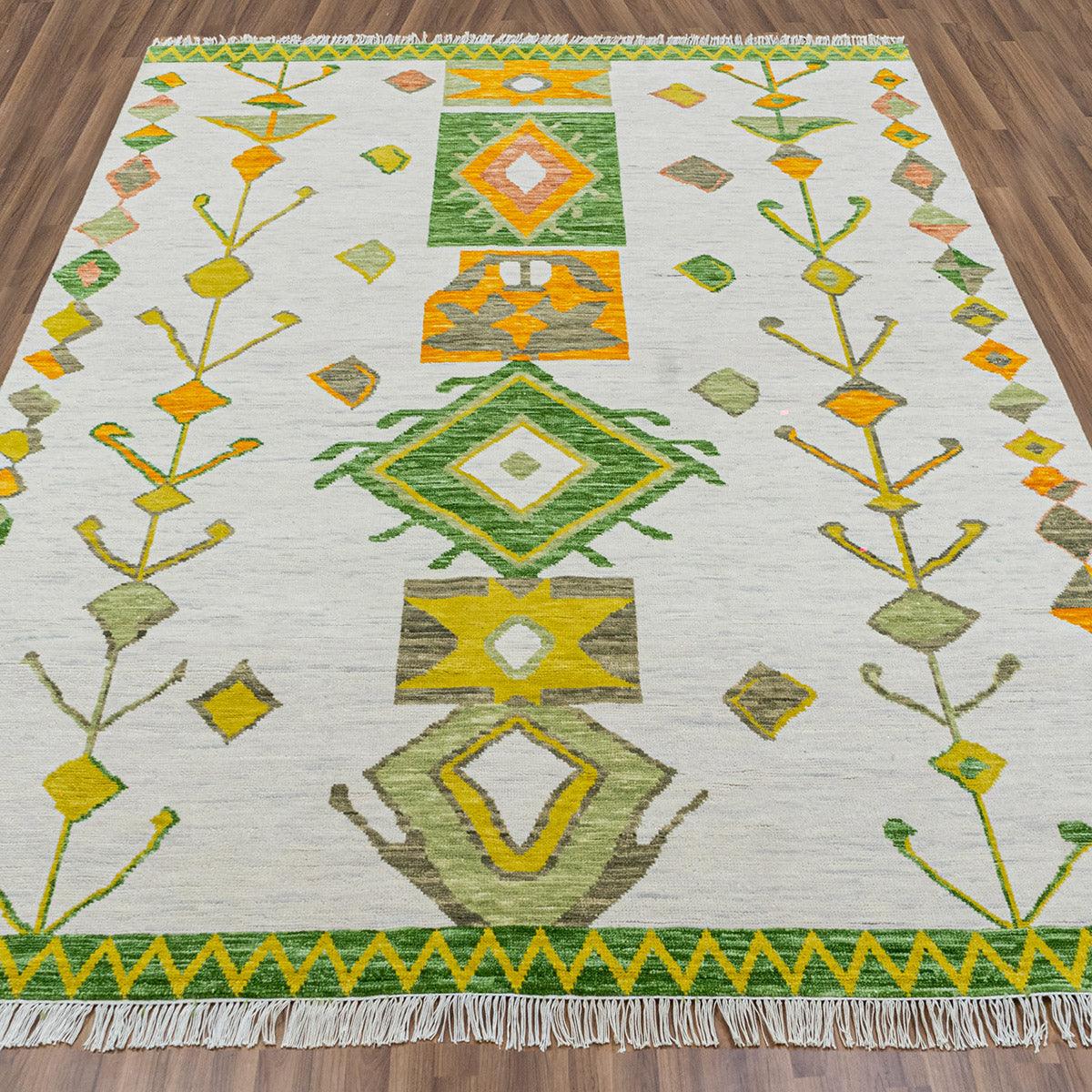 Indoor Patio Green Orange wool Oushak Moroccan Rug