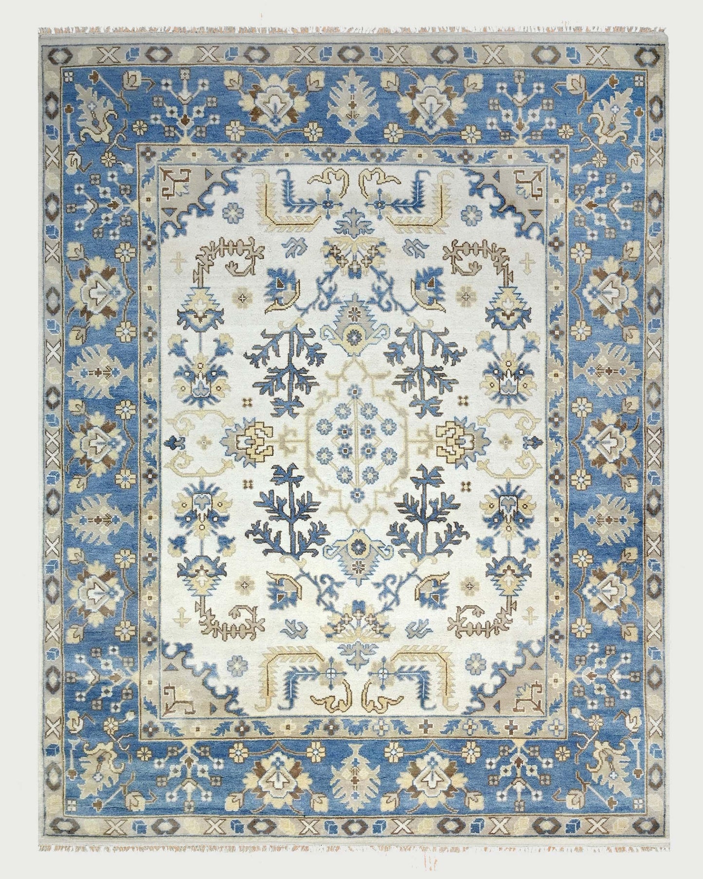 Indian Handmade Blue Oushak Hand Knotted Wool Rug