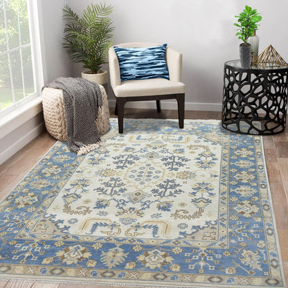 Indian Handmade Blue Oushak Hand Knotted Wool Rug