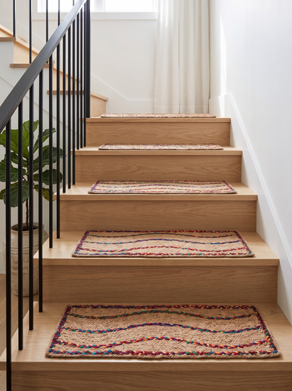 Braided Handmade Stair Treads, Multicolor Squiggle Pattern, Boho Staircase Mats (Set)