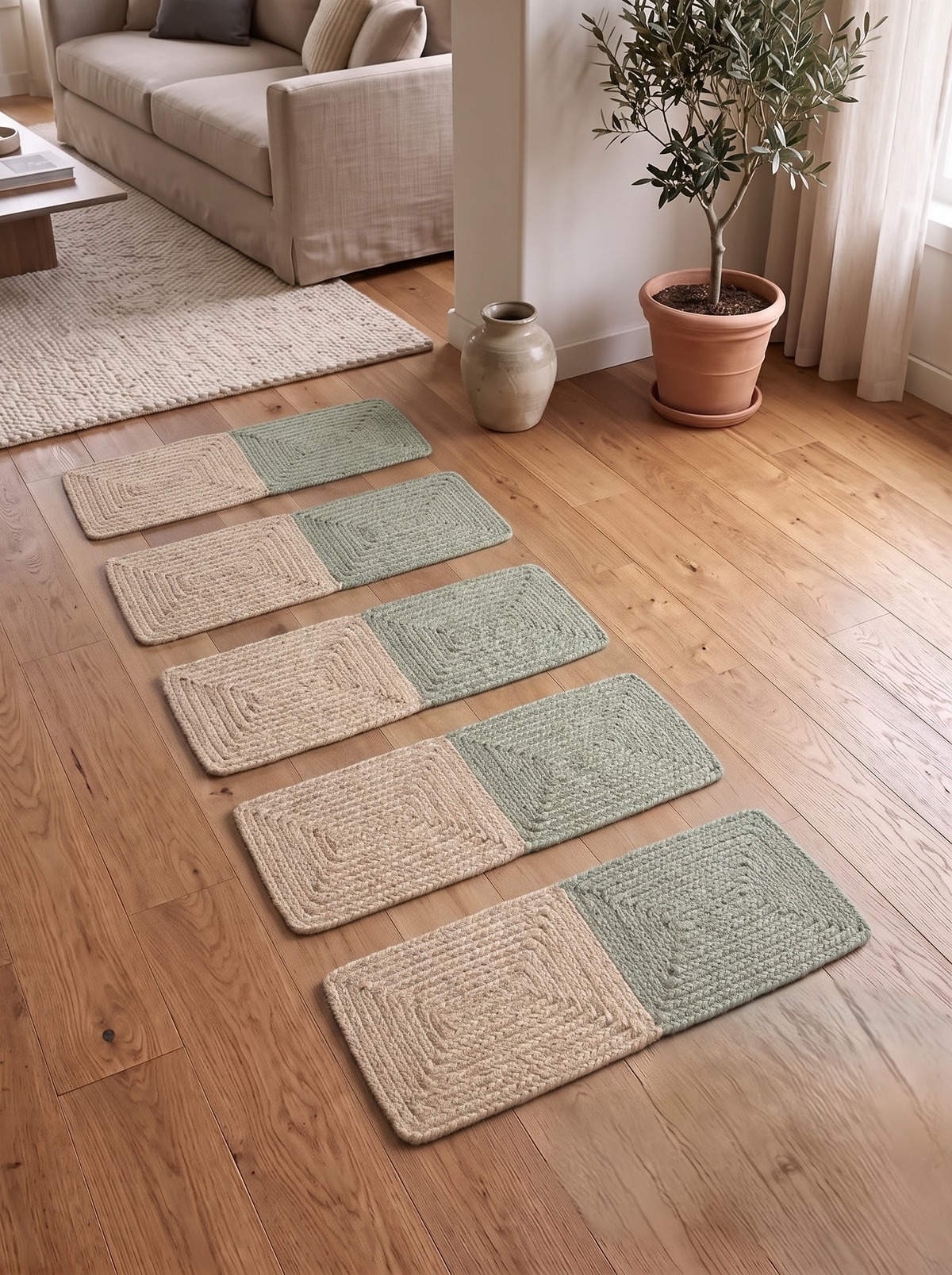 Handcrafted Eucalyptus Green Stair Treads, Natural Organic Modern Step Mats