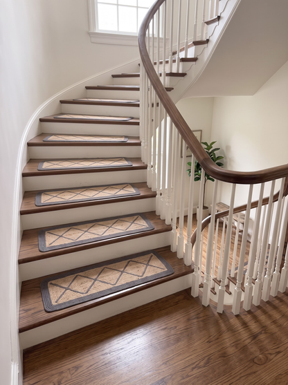 Braided Natural Jute Stair Treads, Diamond Lattice Farmhouse Stair Mats