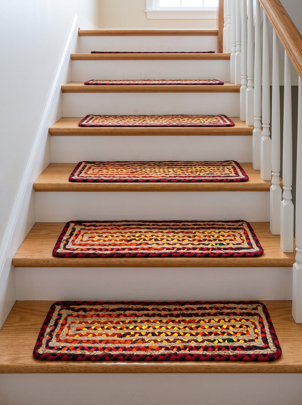 Multicolor Geometric Braided Jute Stair Treads, Set of 15 Rugs
