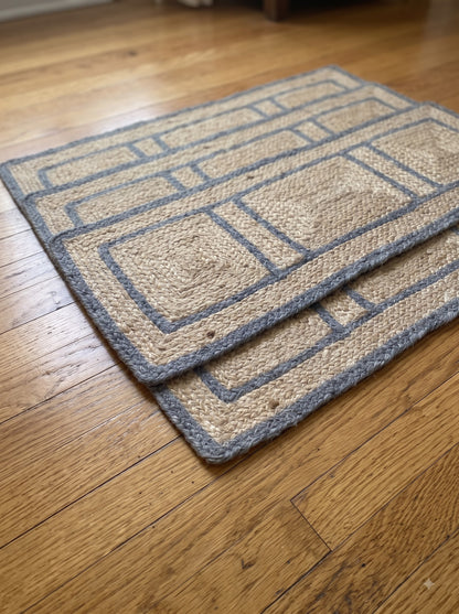 Hand Braided Jute Stair Treads with Dusty Blue Border, Farmhouse Decor