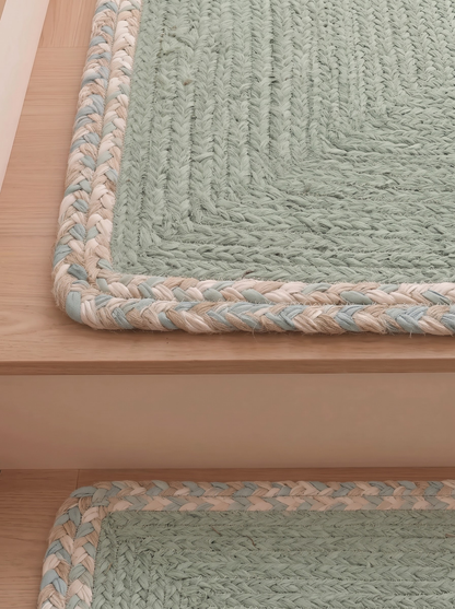 Handmade Eucalyptus Green Stair Treads, Braided Design with Tweed Border, Japandi Decor